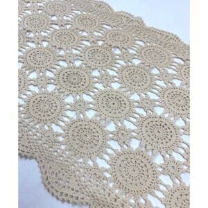 VTG Crochet Knit Lace Table Runner with Round Doily Hand Made Cottage Boho Decor